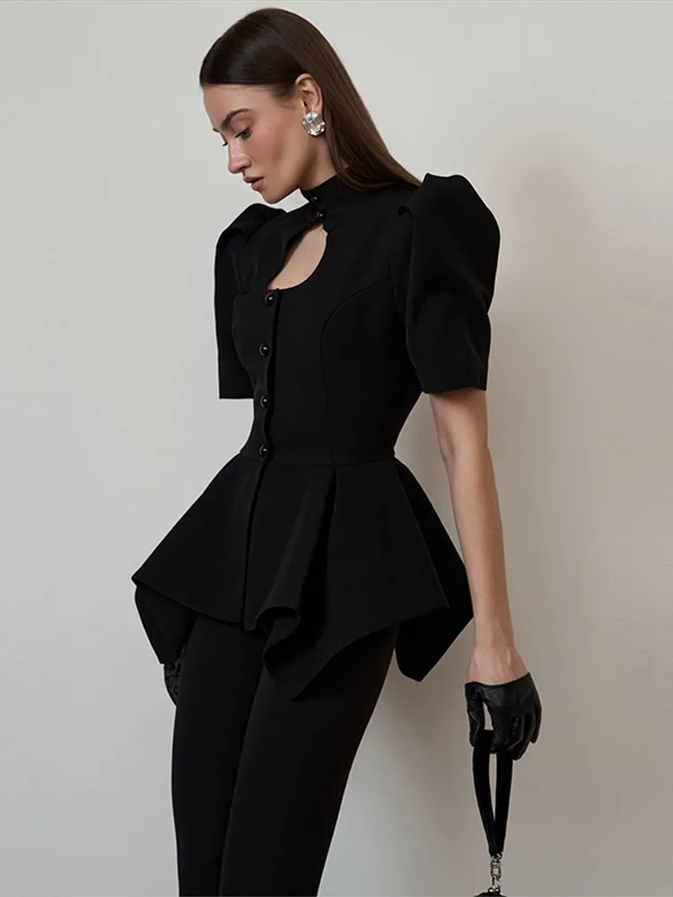 Ausgeschnittenes Puffärmel-Oberteil mit Taillenschnürung und Rüschensaum für Damen, Sexy Stehkragen, Einreihig, Schlankes Top, Schicke Damen-Partykleidung – Detail 17