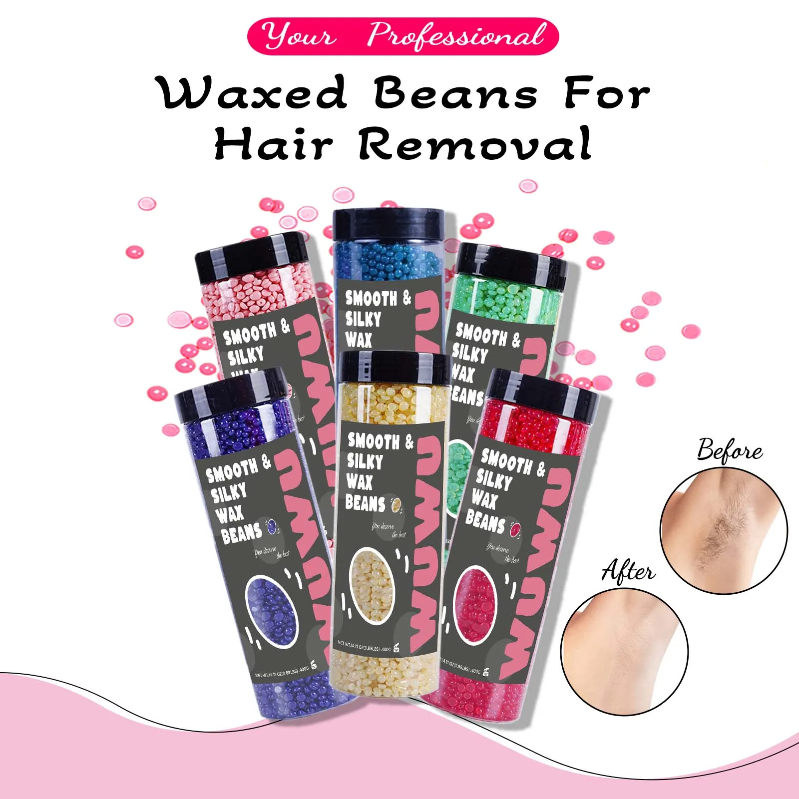 Hard Wax Beads Pro 400g(14.11oz) Bottle Hair Removal Waxing for Heater Painless Beans for All Hair Types