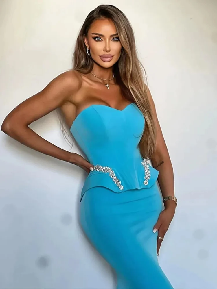 Women Summer Sexy Straples Lake Blue Beading Mermaid Midi Bandage Skirt Set Celebrity Designer Fashion Women's Set verona and lake garda architectural guide