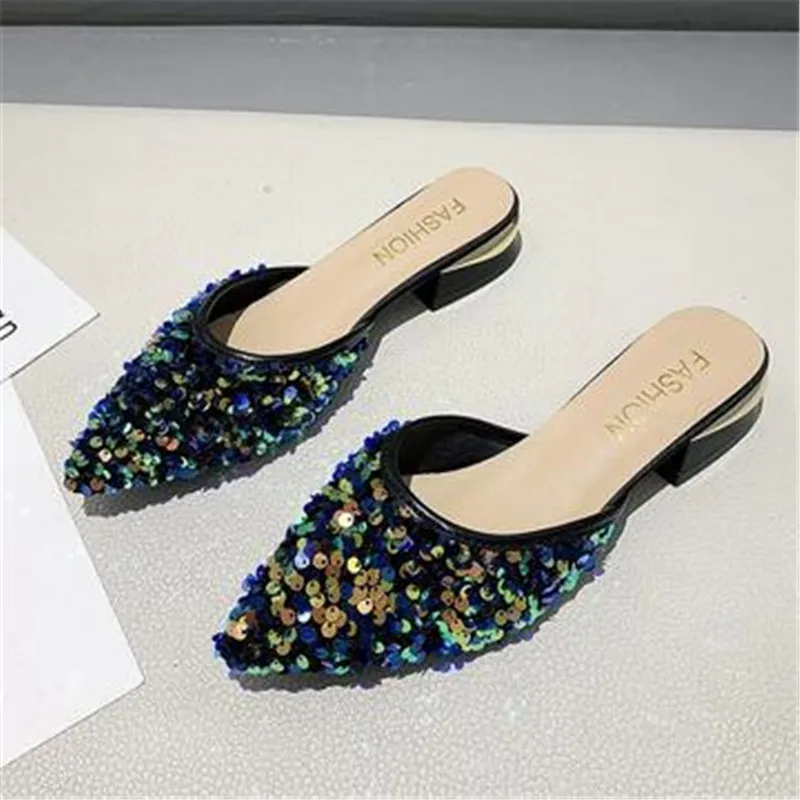 

Fashion Sequin Pointed Toe Slides 3 Cm Square Low Heels Students Half Slippers Summer Casual Beach Women Sandals Outdoor Mules