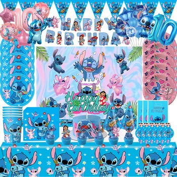 Disney-Juego de vajilla temática de Lilo y Stitch para niños y niñas, decoración de fiesta de cumpleaños, plato de taza, globo angular, suministros