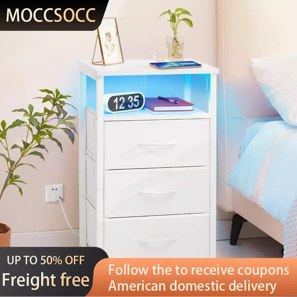 

16 Colors LED Nightstand With USB Ports and Outlets Night Stand End Table With 3 Fabric Drawers and Storage Shelf Furnitures