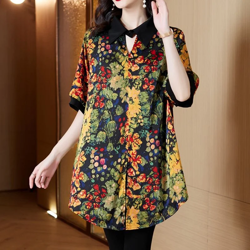 

Vintage Mid Length Printing Blouse Summer New V Neck Short Sleeve Loose Plus Size Shirt Tops Fashion Casual Women Clothing M-4XL