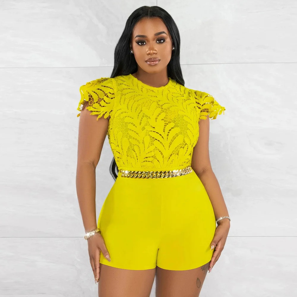 

Women Summer Lace Romper Sexy Solid See Through Ruffle Short Sleeve Patchwork Club Party Bodycon Short Jumpsuit Women Ropmer