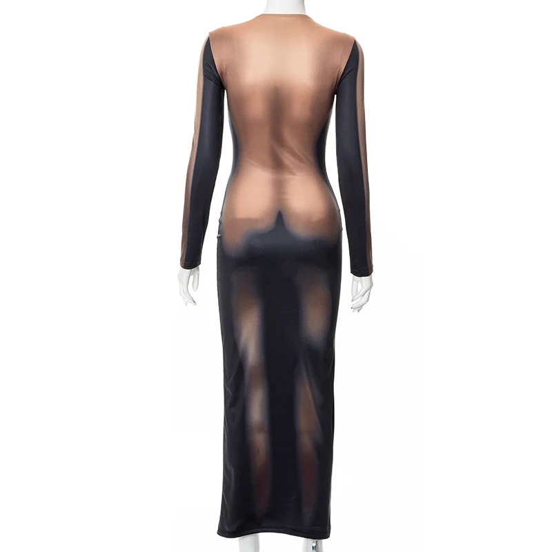 Y2K 3D Body Print Maxi Dress Women Long Sleeve Unique Sexy Body-Shaping Attirewear Robe Party