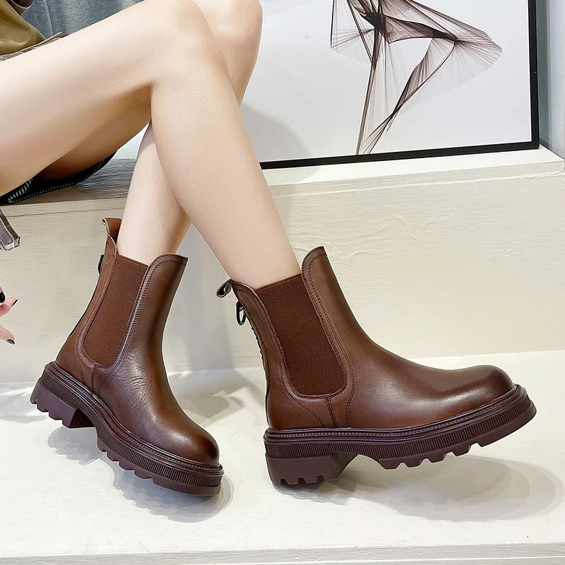 

Cowhide Chelsea Boots for Women Genuine Leather Ankle Boot Spring Winter Shoes Slip-on Punk Booties Woman Chunky Heel Shoe