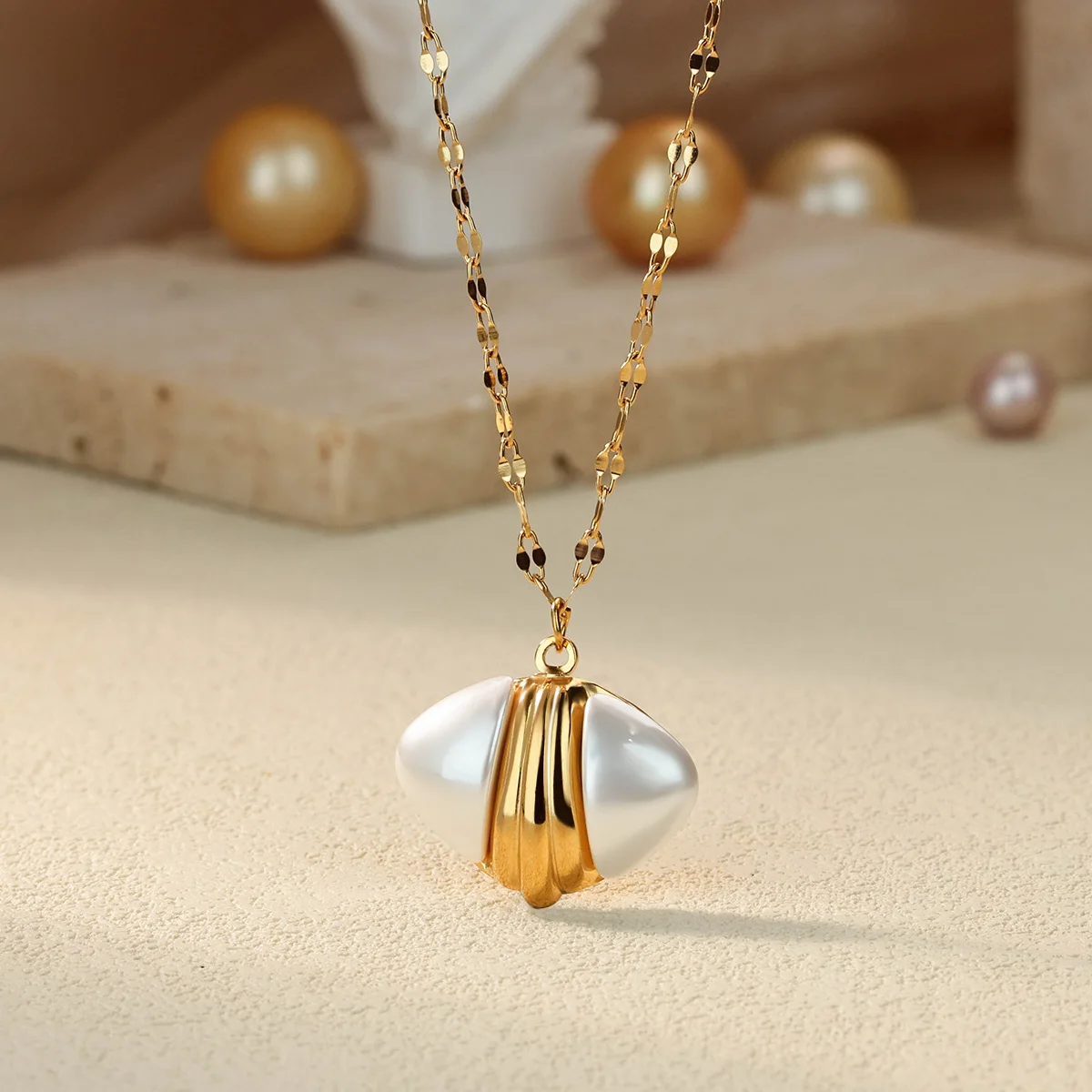 Stainless Steel Geometric Pearl Necklace For Women