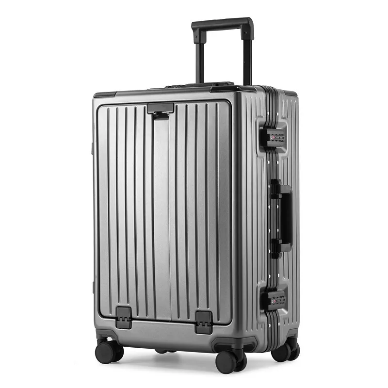 aluminium luggage，boarding bag durable aluminum suitcase，luggage covers，Front opening with USB for charging，20 inch carrier