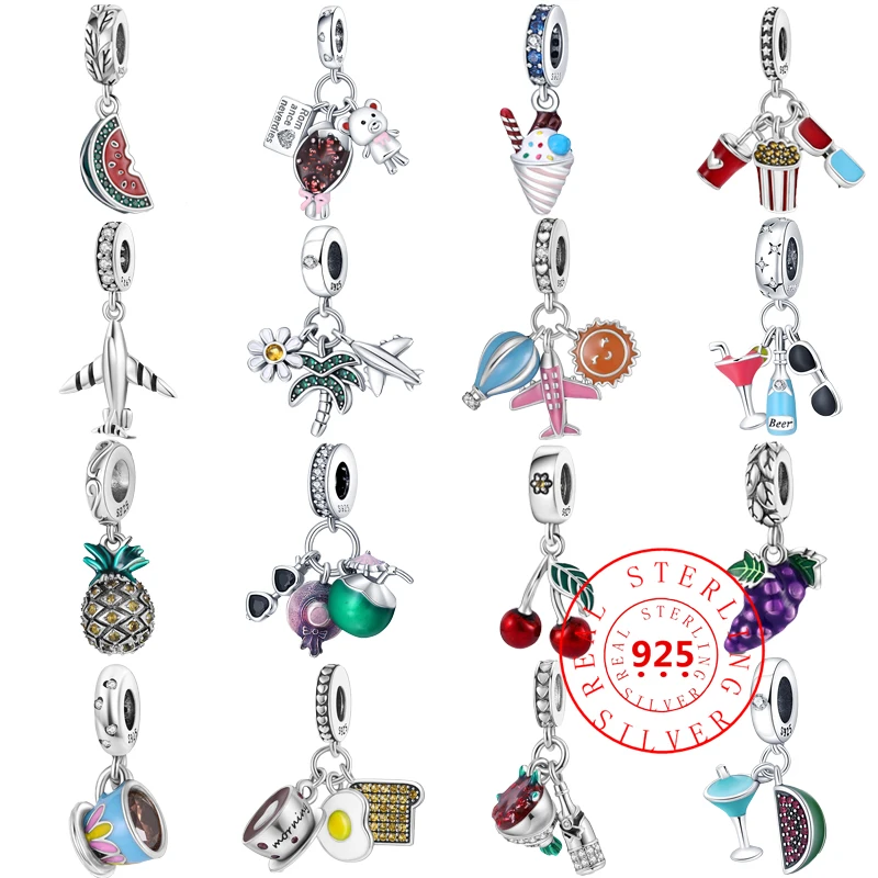 

New Sparkling 925 Sterling Silver Airplane Watermelon Grape Ice Cream Cherry Beads Pendants Fit Pandora Charms Bracelets Jewelry