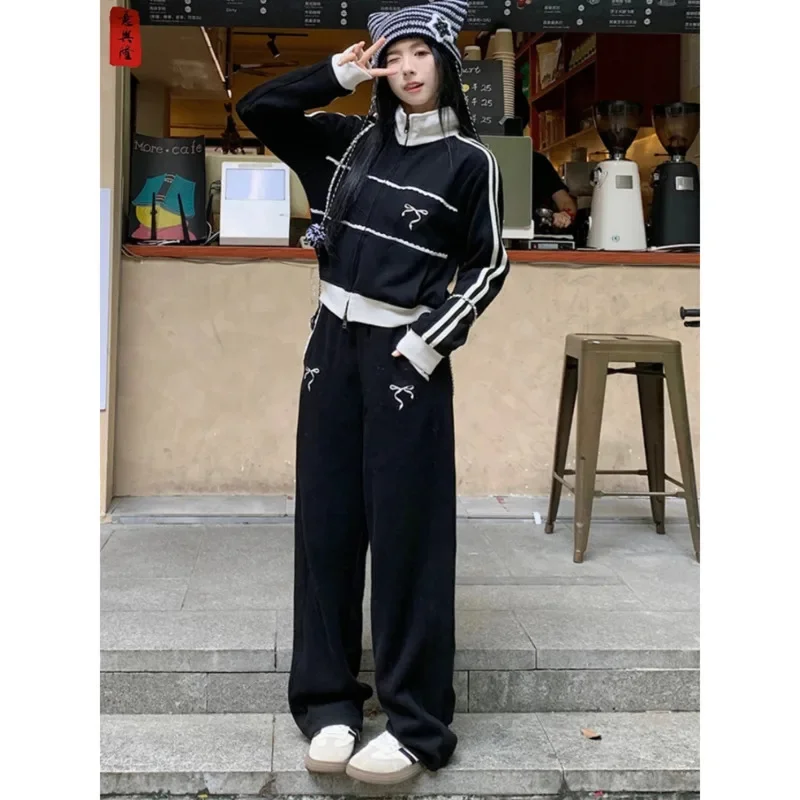 

Women Y2K Cropped Sweatshirt American Retro Chic Lace Bow Stand Collar Zipper Cardigan Jackets Tops And Straight-leg Pants