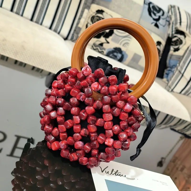 

2023 Hand Made Hollowed-out Small Square Bead Pomegranate Retro Women Bag Red Cherrv Pink Round Cake Lmitation Pearl Handbag