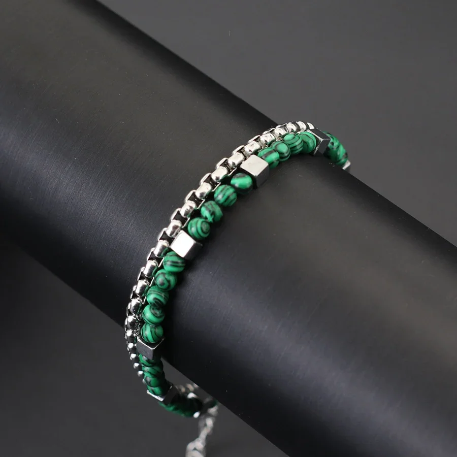 Stainless Steel Men Cuban Chain Bracelet with Hematite Stone