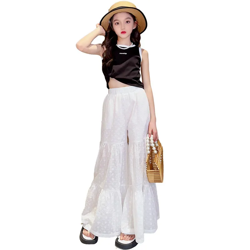 

Summer Teenage Girls Clothes Set Sleeveless Top+Wide Flare Pants 2pcs Kids Girls Outfits Suit Fashionable Children Wear 4-14Year