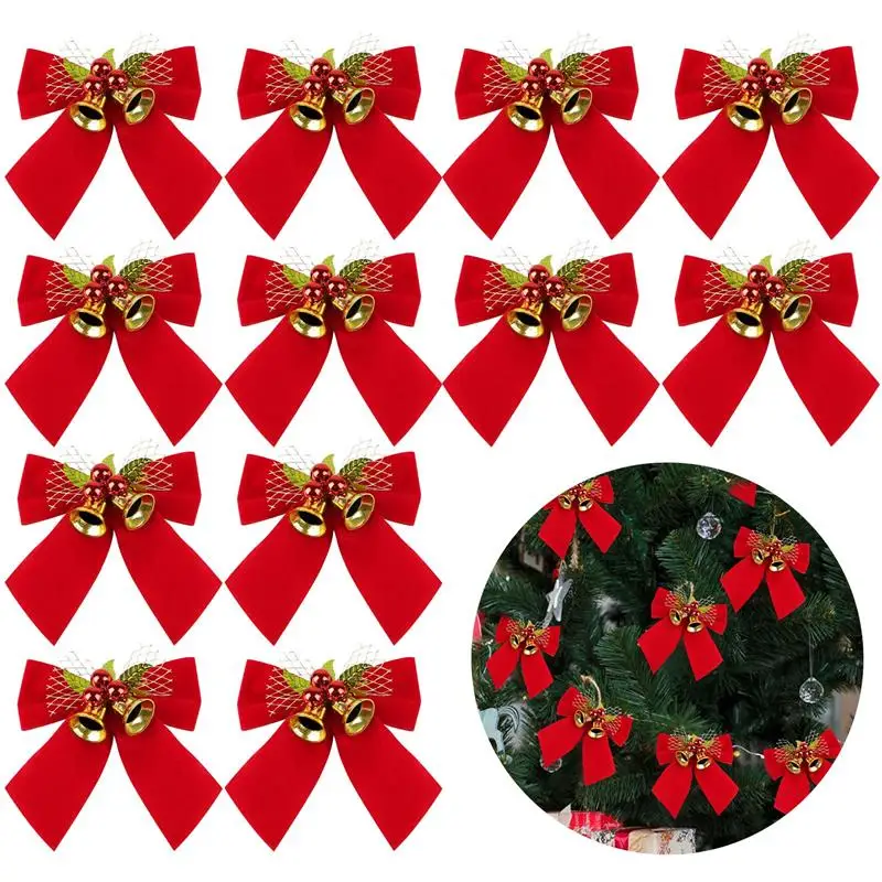 

12Pcs Christmas Tree Bow Decorative DIY Holiday Bow Bowknot Ornament With Bell Home Garden Bows Christmas Wedding Party Decor