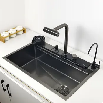 Gunmetal Nano Kitchen Sink Set with Waterfall LED Mixer Tap