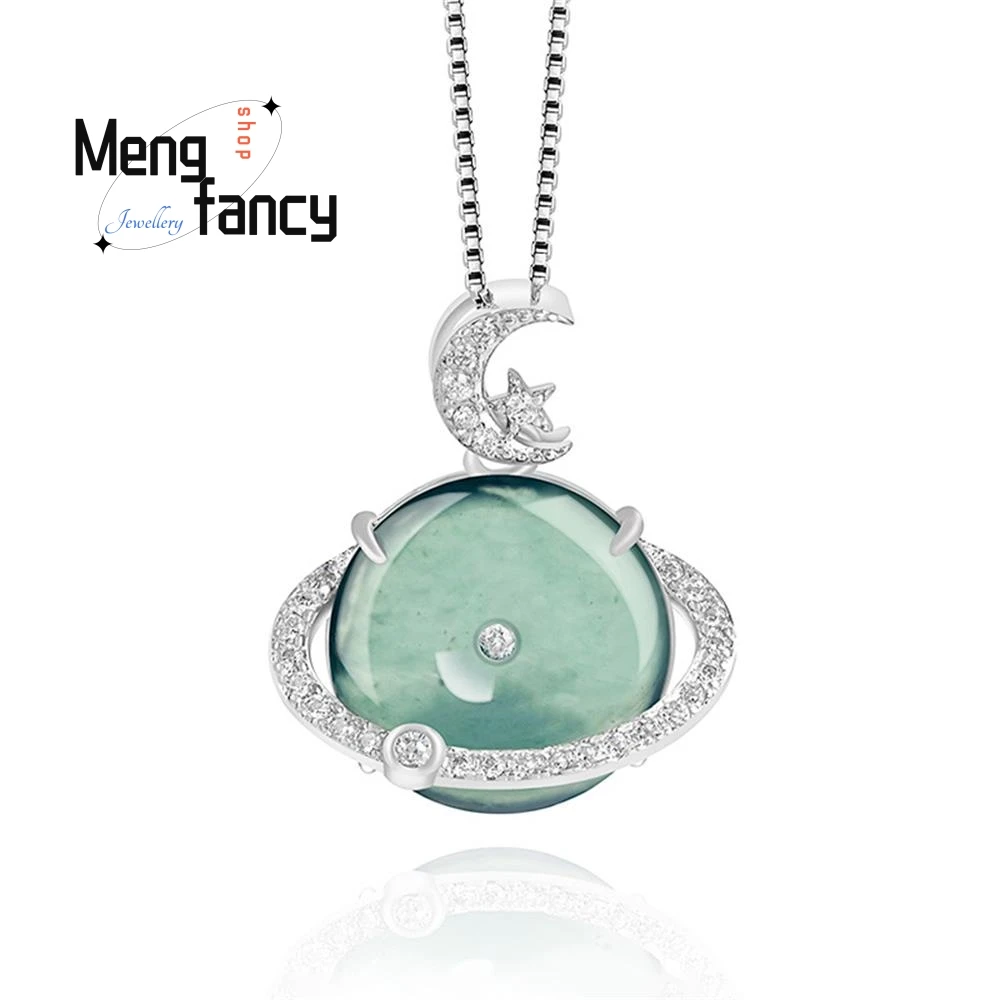 Natural A-goods Jadeite Blue Water Ping An Buckle S925 Silver Inlay Ice Jade Pendant High-grade Fashion Jewelry Holiday Gifts