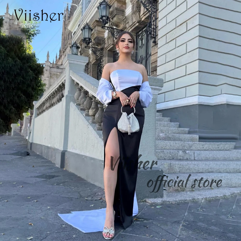 

Viisher White Black Mermaid Evening Dresses with Jacket Strapless Satin Prom Party Dress with Slit Long Formal Occasion Gowns