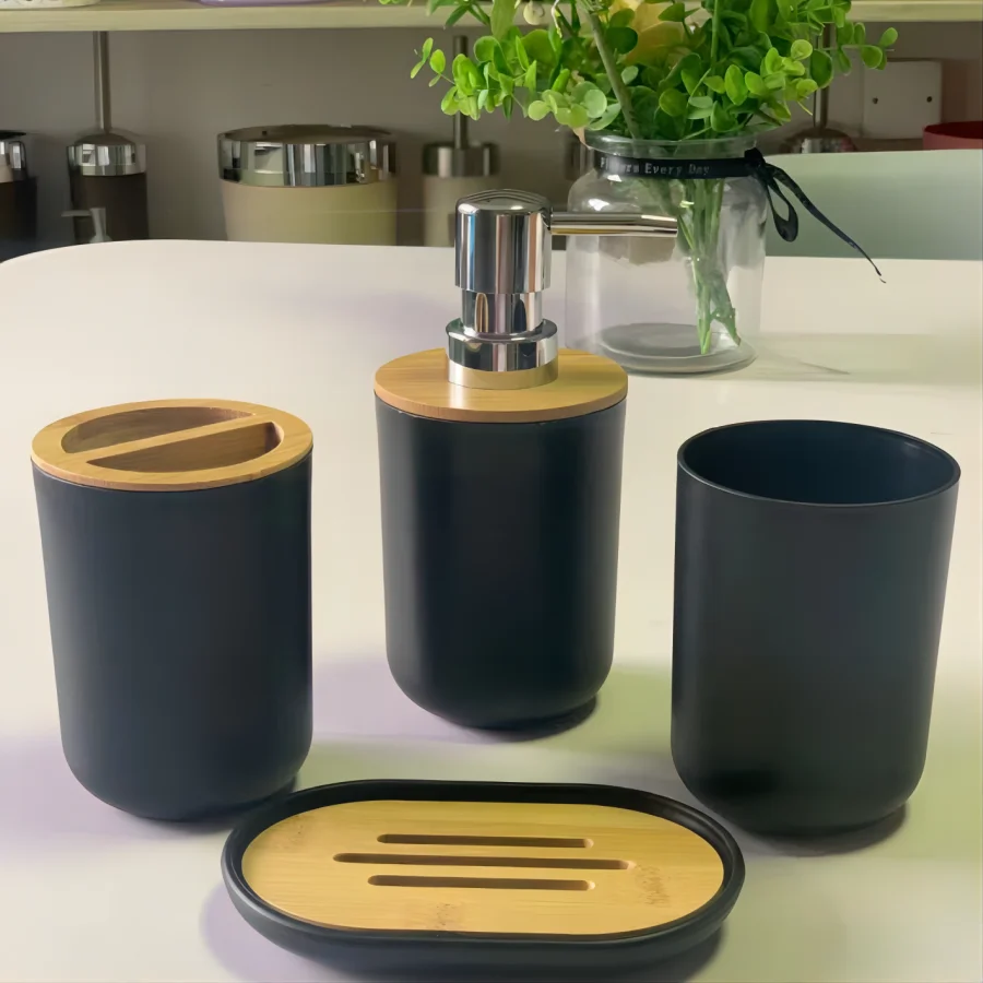 4pcs Bathroom Accessories Set Include Toothbrush Holder Cup Lotion Dispenser Soap Dish Bamboo Cover Set bathroom accessories set