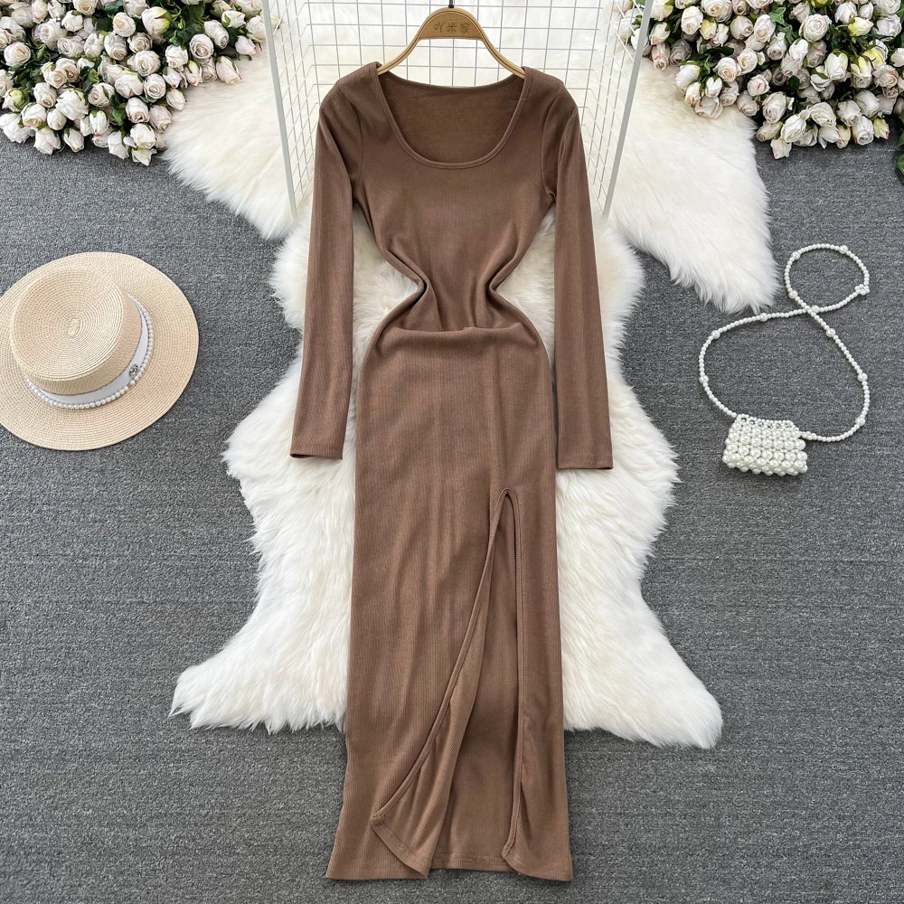 

Sexy Basic Stretch Slim O Neck Long Sleeve Split Dress Vintage Party Korean Fashion Knit Vestido Women Autumn Bodycone Dress