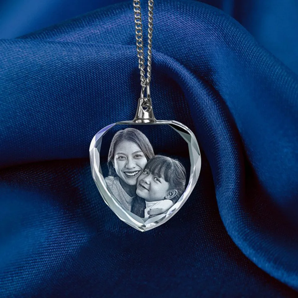 Laser Engraved Crystal Heart Pendant Necklace