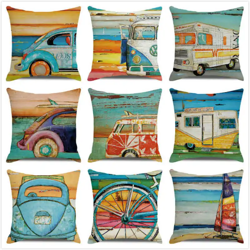 

Retro Beach Scenery Cushion Cover Car Beer Bottle Sailboat Pillow Case Linen Pillow Cover Oil Painting Poster Pillowcase 45x45cm