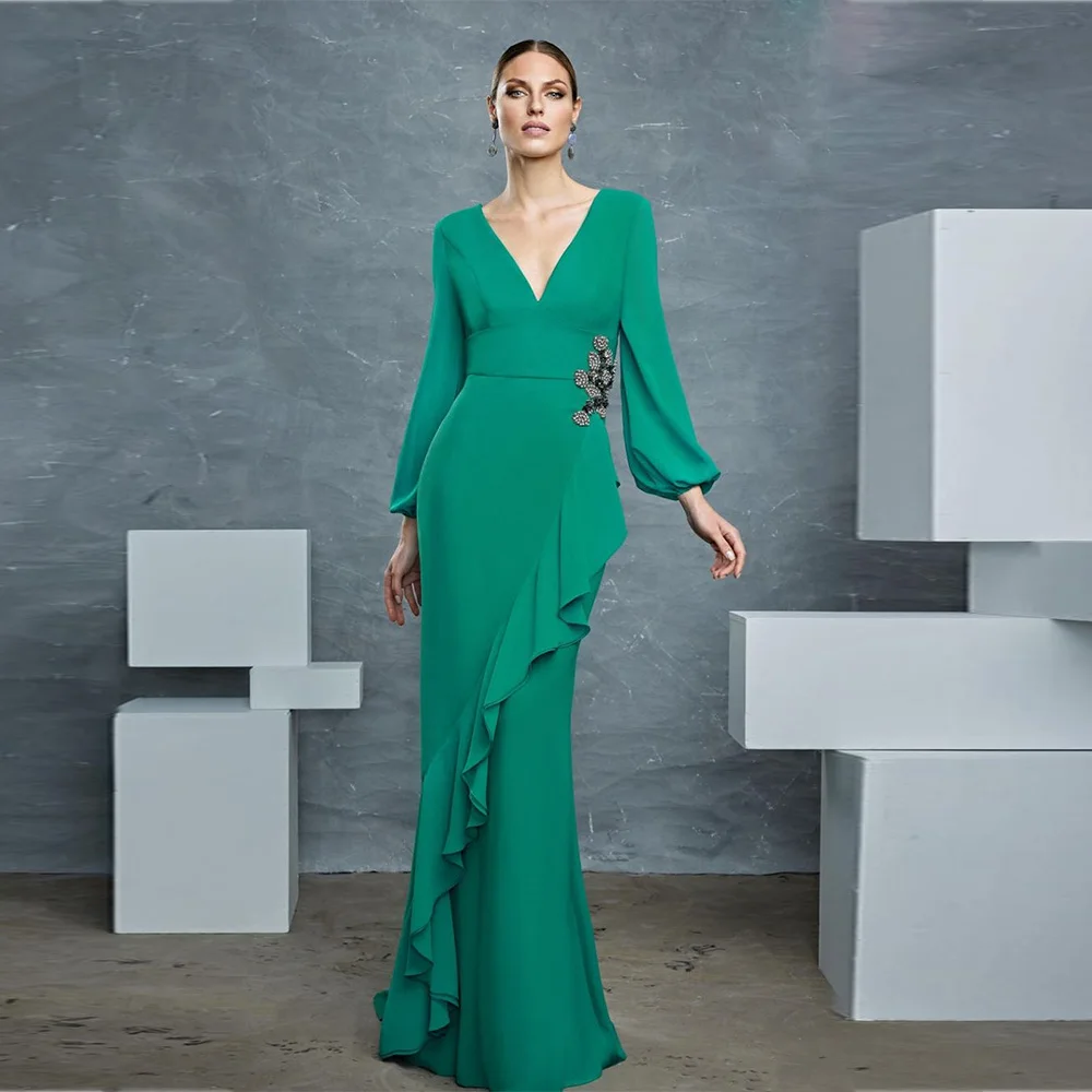 

Green Wedding Guest Dresses 2023 Mermaid Sexy Deep-V Elegant Mother of the Bride Dress with Beads Ruffles فستان حفلات الزفاف