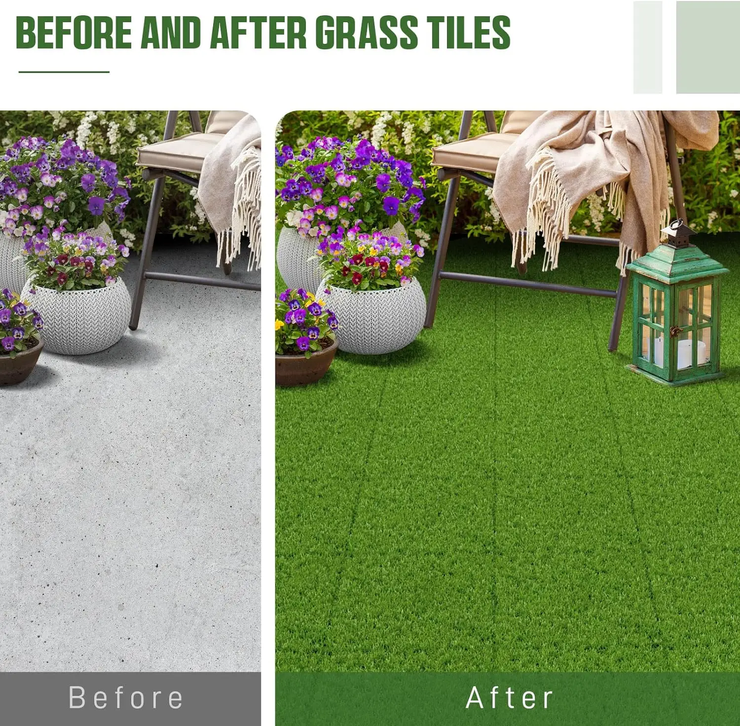 Artificial Grass Tiles Interlocking Turf Deck Set-12"x12" Synthetic Fake Grass Self-draining Mat Flooring Decor Pad for