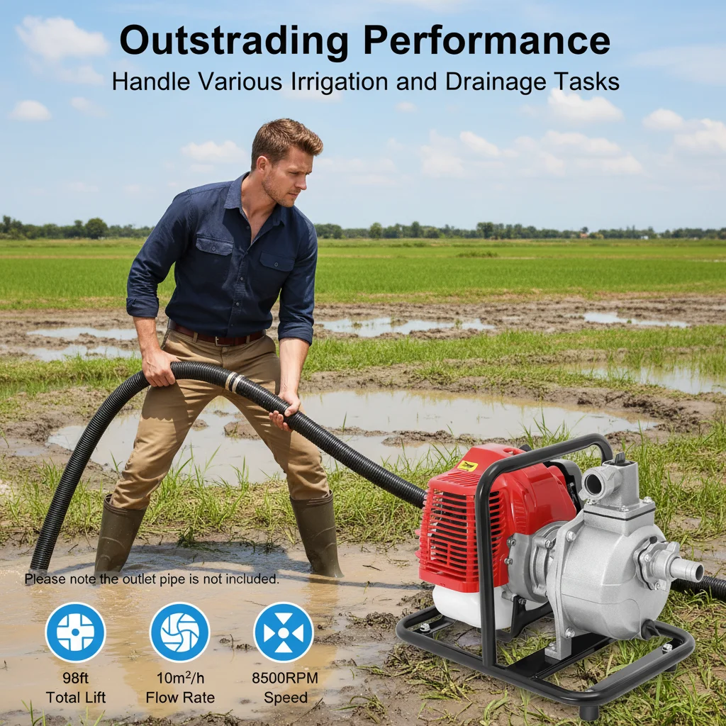Tragbare 2-Takt-Wasserpumpe, 43 cc, 1250 W, Hochhub-Bewässerungspumpe für Garten, Bauernhof, Transferentwässerung