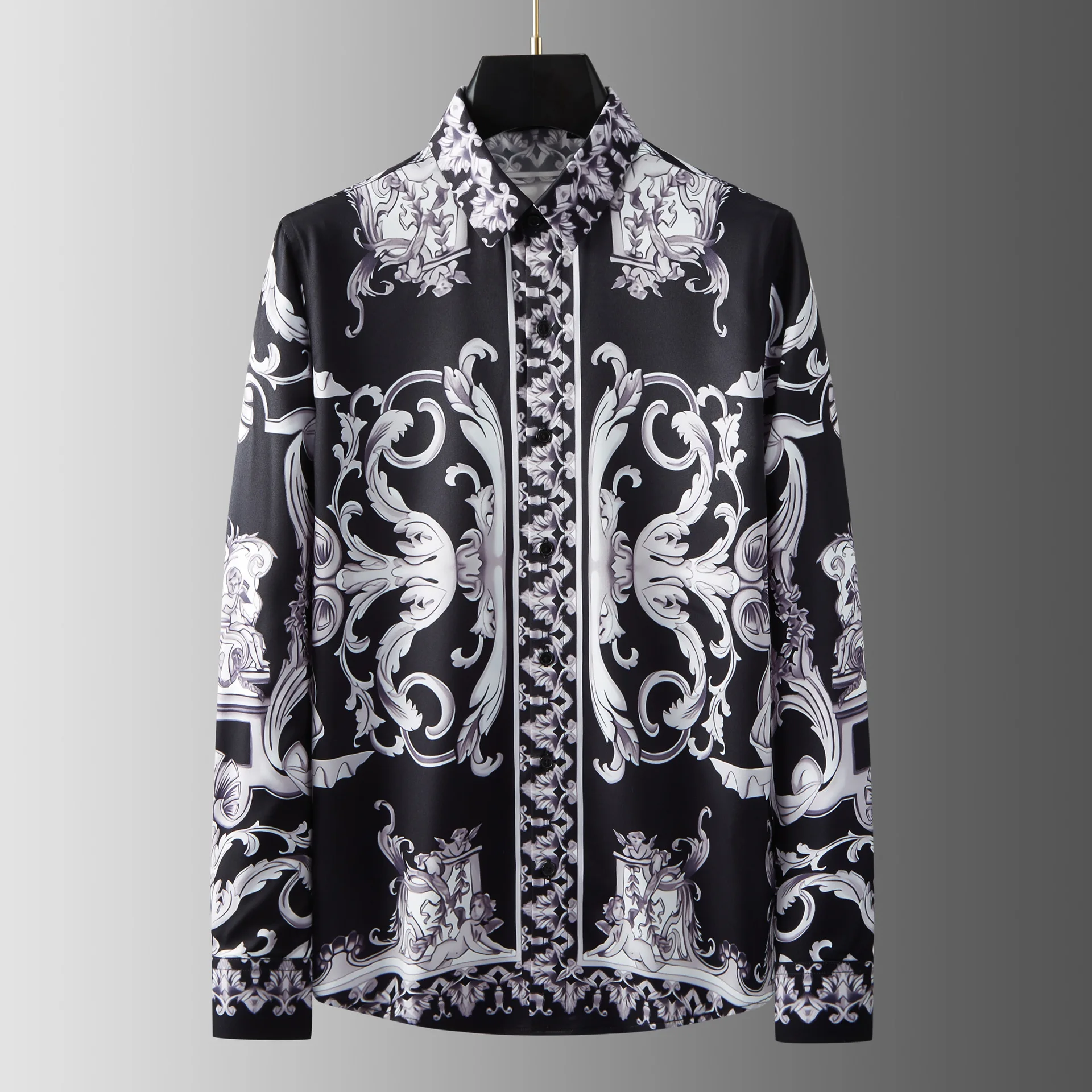 

European and American new iron-free anti-wrinkle vintage court pattern positioning angel print men's handsome long-sleeved shirt