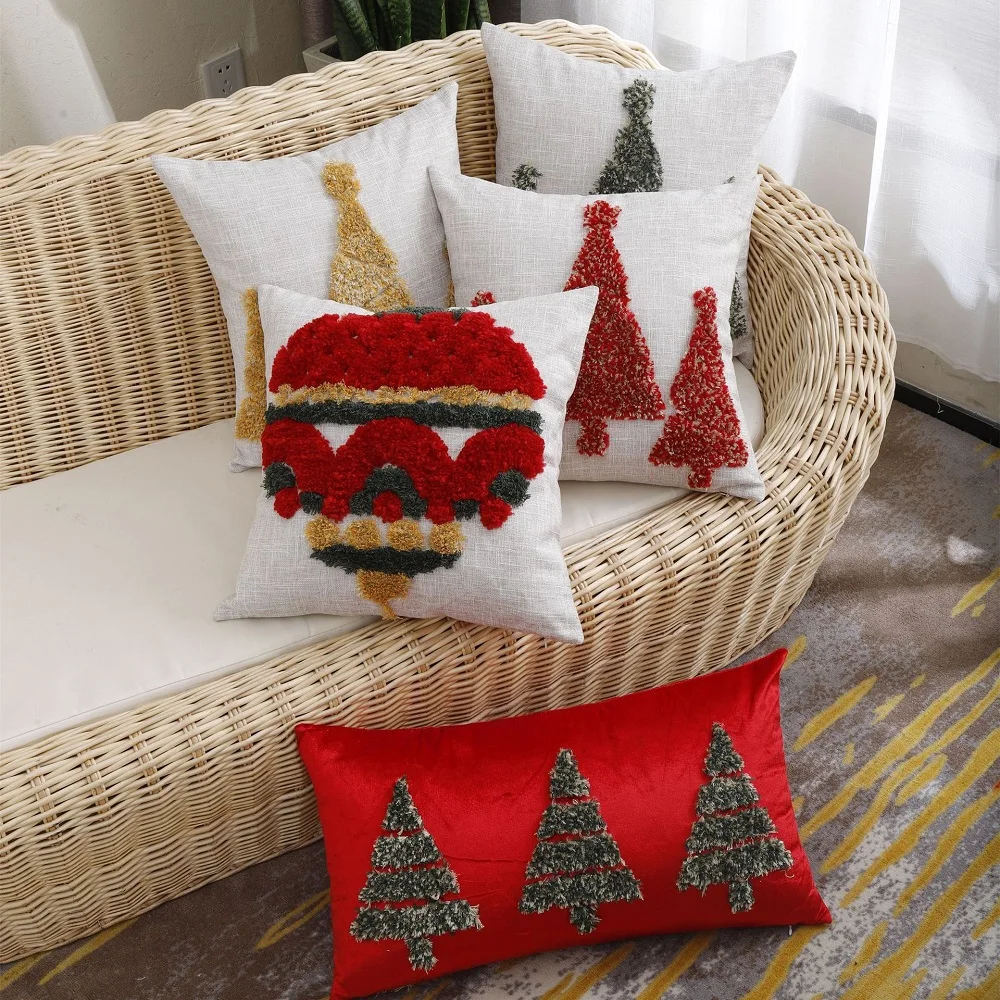 

Christmas Home Decoration Cushion Xmas Tree Tufted Cushion Cover Pillow Case Joyful Holiday Home Sofa Chair Coussin 45X45cm