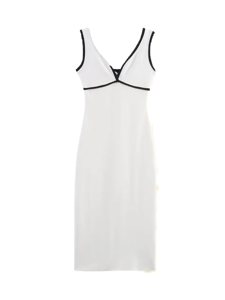 TFMLN New Summer Women's Knitted Dresses Fashion Contrasting V-neck Sleeveless Long Dress Sexy Trim Design Slim Fit Stylish