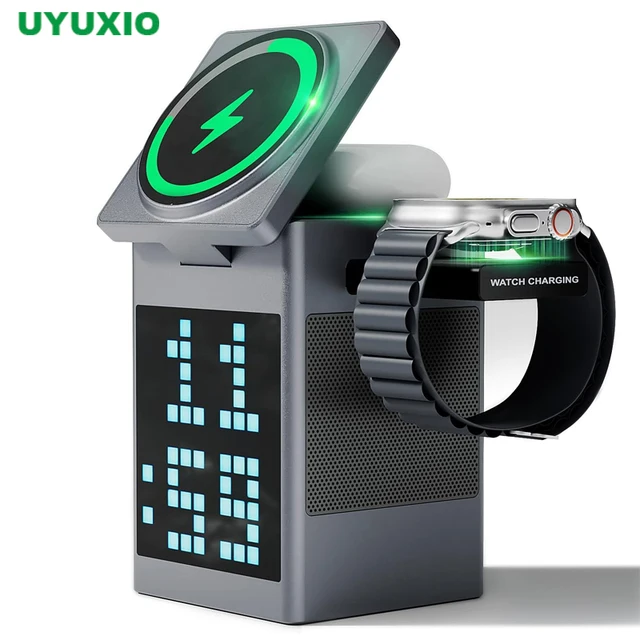 UYUXIO 3 in 1 Magnetic Wireless Charging Station with Bluetooth Speaker Alarm Clock RGB Pixel Display Fast Charging for iPhone 1