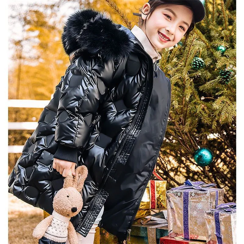 Girls Parka Long Coats Winter Waterproof Fur Collar Hooded Jackets Big Kids Thick Warm Cotton Outerwear Teenage Snowsuit