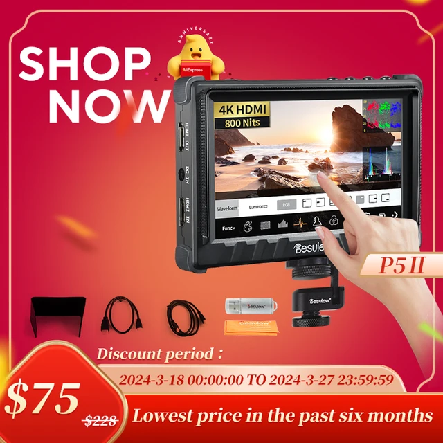 Desview P5II 카메라 필드 모니터, 풀 HD 밝기 모니터, 지지대 DC 전원 공급 장치, 5.5 인치 3D LUT DSLR HDMI, 1920×1080 800nits