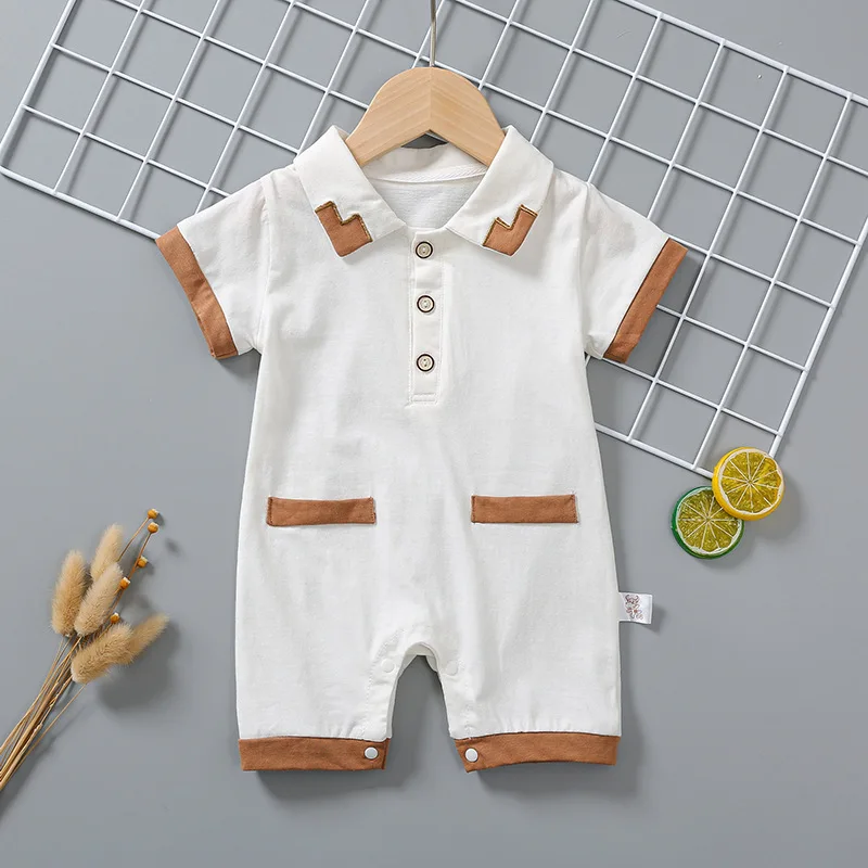 

New Arrival Newborn Baby Clothes One Piece Short Sleeve Cotton Rompers White Thin Gentleman Toddler Boys' Summer Clothing