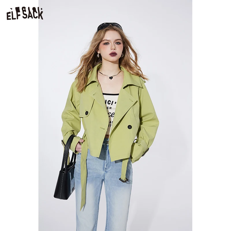 ELFSACK 2024 spring new women's casual style contrast windbreak coat versatile loose lace up cool girl cropped coat
