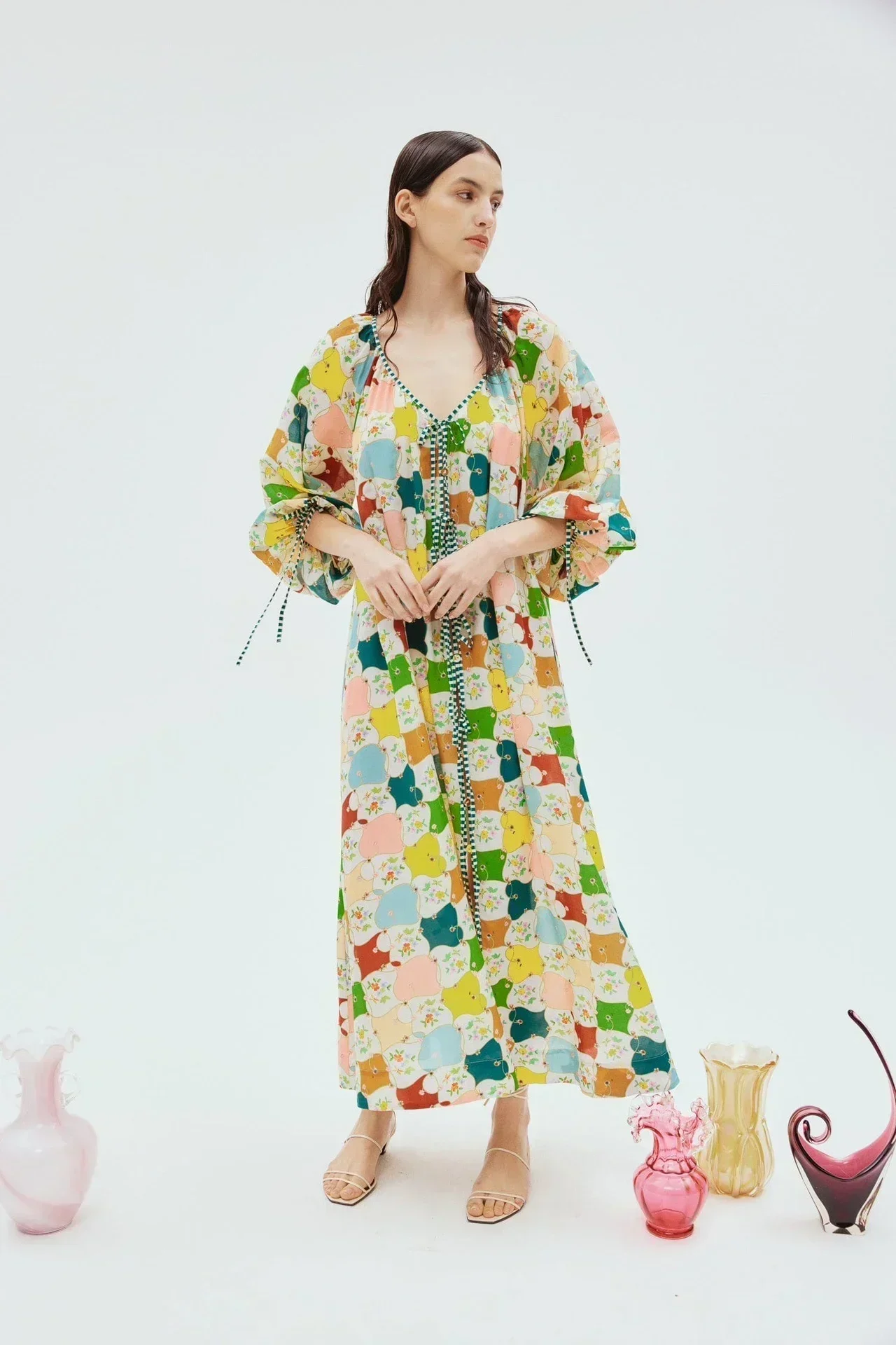 

High Quality 2024 Latest New Collection Multi Color 3/4 Sleeve V-neck Separate Camisole Women Loose Midi Dress for Holiday