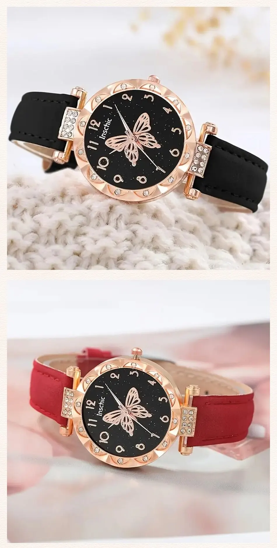 Women Luxury Watch Ring Necklace Earrings Rhinestone Butterfly Fashion Wristwatch Female Casual Ladies Watches Set Clock