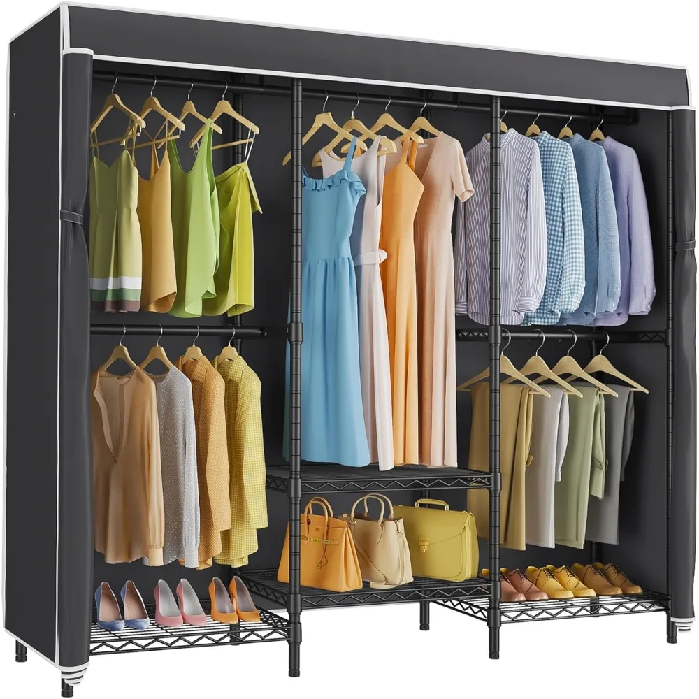 

V3C Garment Rack Wardrobe Closet, Heavy Duty Clothes Rack with Adjustable Shelves and Black Oxford Fabric Cover, Black Metal