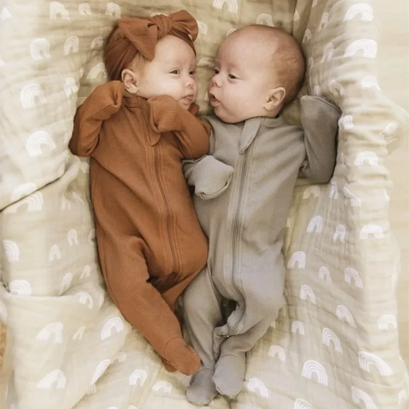 Newborn Clothes Boys Girls Pit Stripe O-neck Long Sleeve Zipper Footies Rompers+Headband Baby Soft Elasticity Jumpsuit H20604