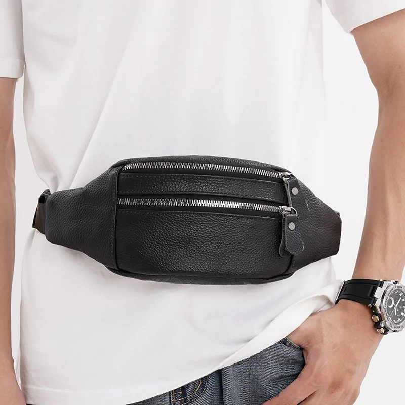 Men's Genuine Leather Fanny Waist Pack Large Capacity Man Cowhide Vintage Crossbody Chest Bag Sports Mobile Phone Waist Bag Male