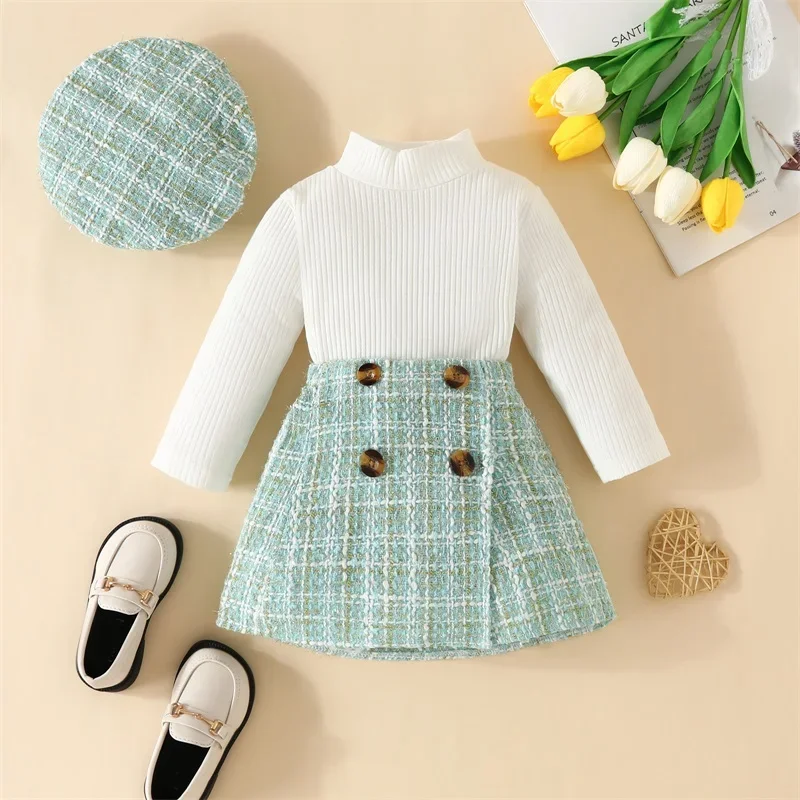 Kids Girl Fall Outfit Solid Color Ribbed Long Sleeve Tops Plaid Pattern Skirt Beret 3 Piece Sets Toddler Clothes 3Pcs