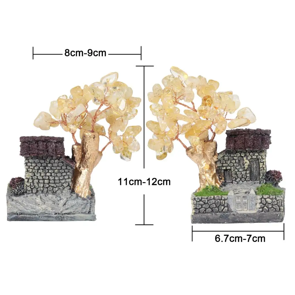 Mini Resin Tile-roofed House With Crystal Money Tree Simulation Grass Landscape Figurine For Home Decor