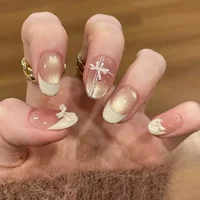 24PCS Cute Red Bowknot Short Oval Press on Nail with Glue Cartoon Cat Glossy French Fake Nails for Girls Wearable Ins Nail Tools 4