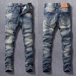 Vintage Fashion Men Jeans Retro Blue Slim Fit Stretch Ripped Jeans Men Embroidery Patchwork Designer Casual Denim Pants Hombre