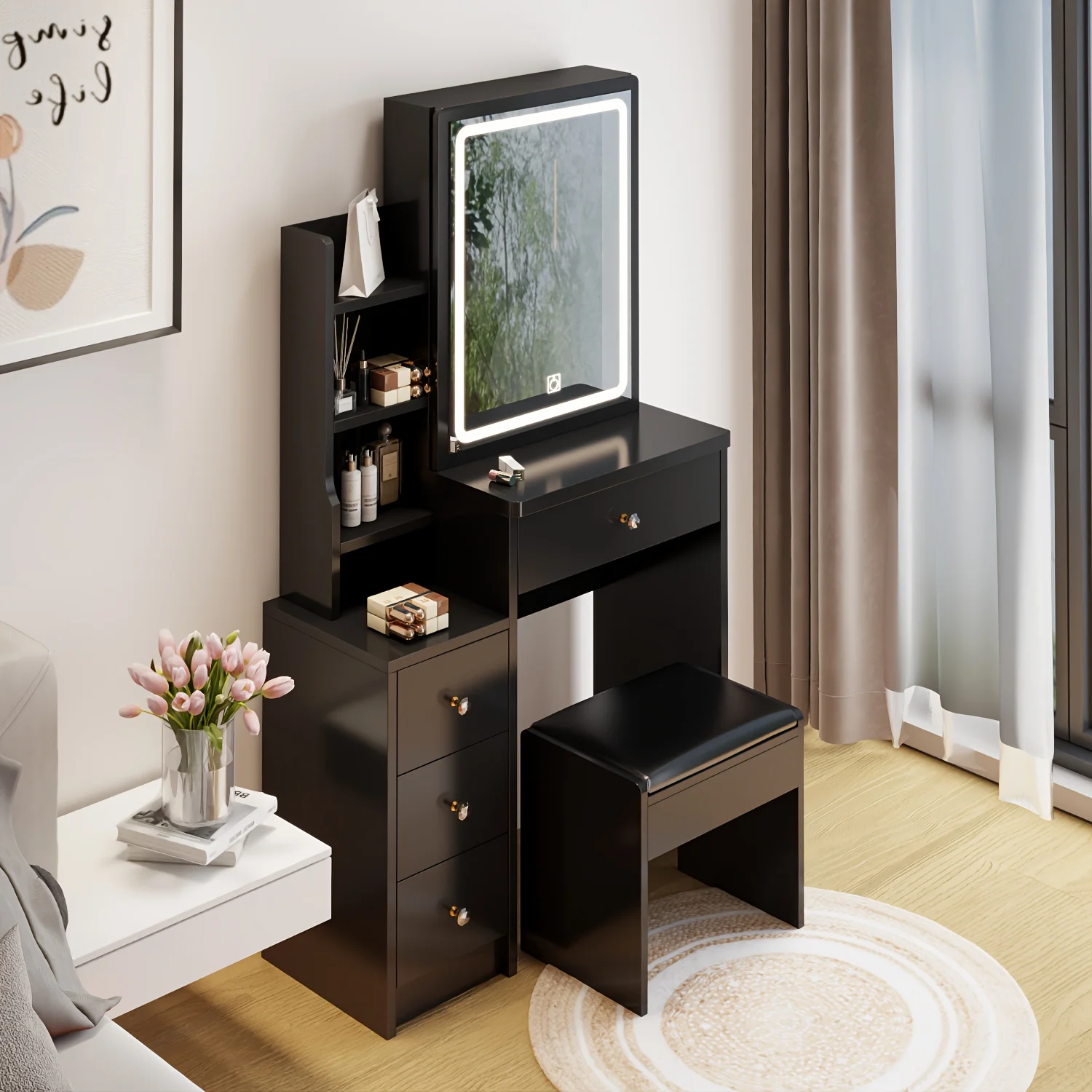 

1pc Wooden Bedside Vanity With Cushioned Stool, Extra Large Sliding LED Mirror, Tricolor & Brightness Adjustable, Touch Control,
