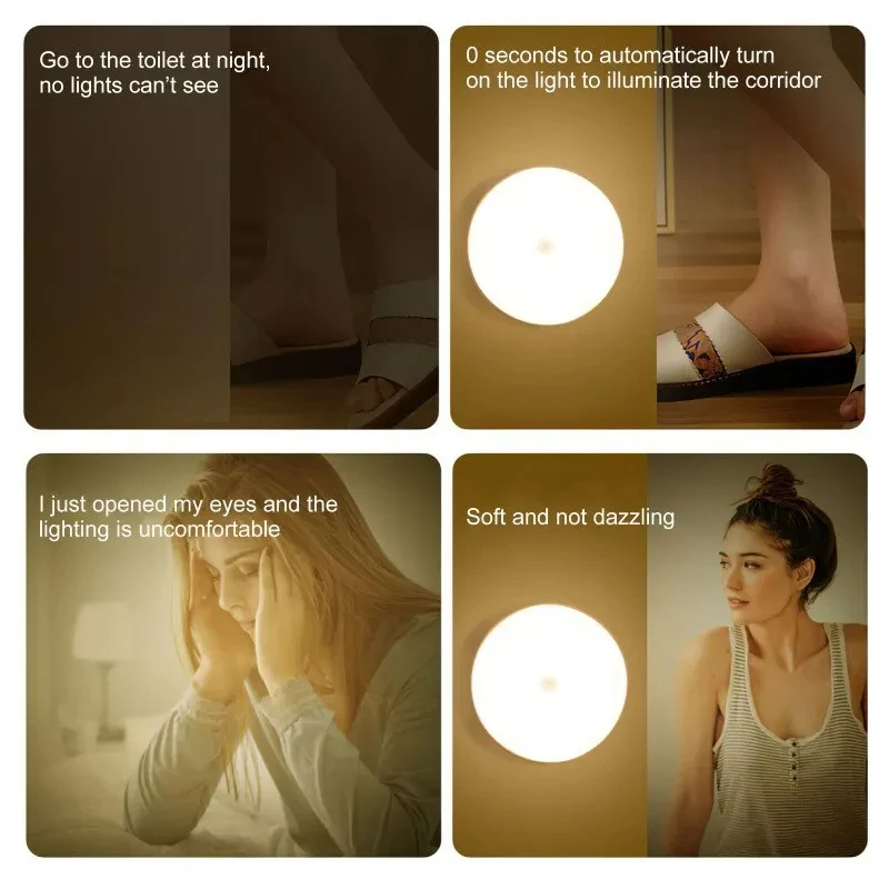 LED 야간 조명 스마트 인체 센서, 마그네틱 흡입, 무선 사용, 비디오 깜박임 없음, 옷장 계단 침대용 야간 램프