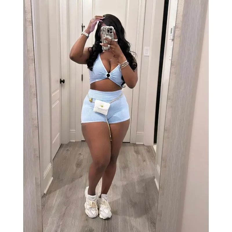 2024 Summer Solid Slim Spicy Girl 2 Piece Set Women V-neck Sleeveless Metal Buckle Crop Tank Top Skinny Shorts Casual Streetwear