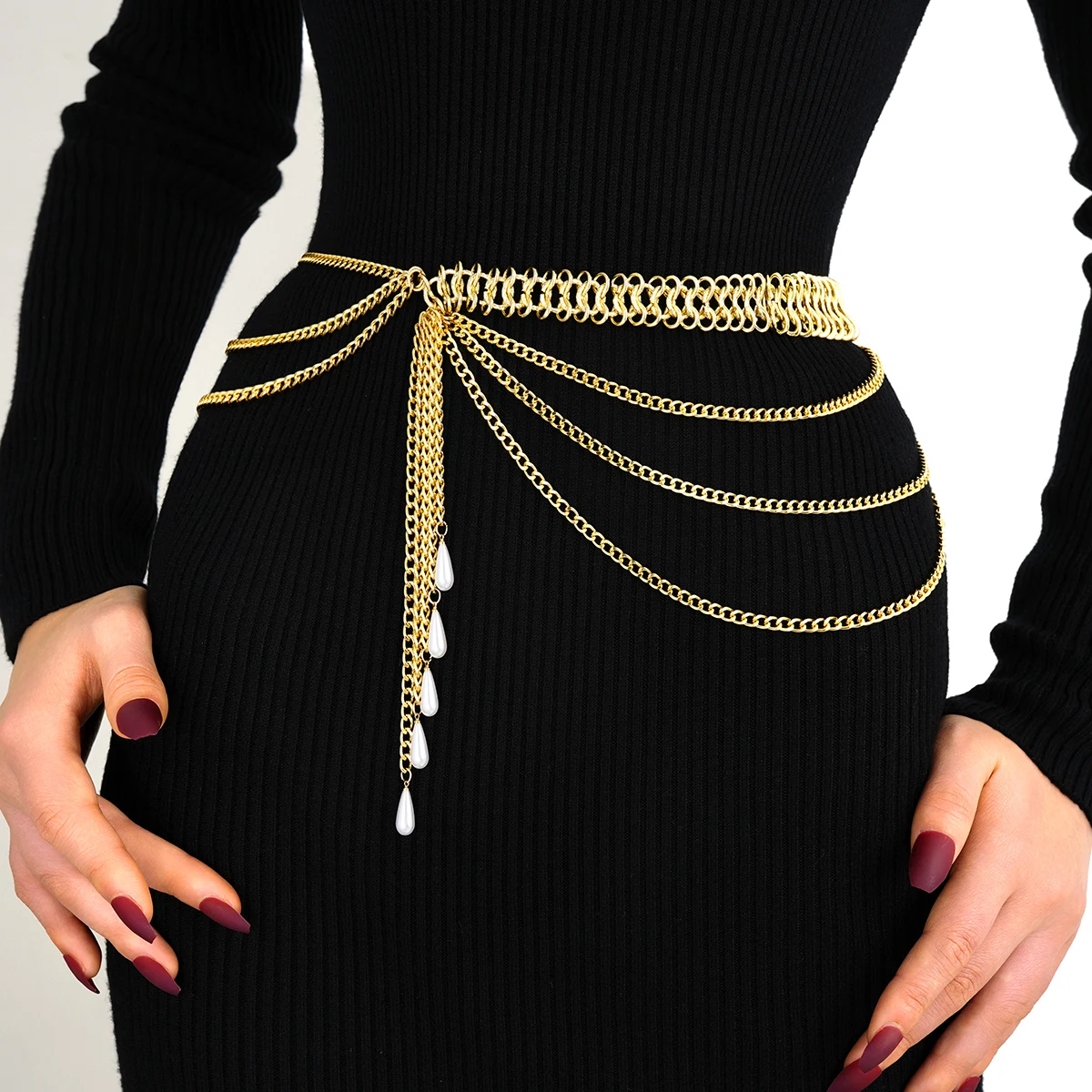 Luxury Imitation Pearl Waist Belt Chain for Women Hip Hop Jeans Dress Bikinis Long Tassel Body Belt Jewelry