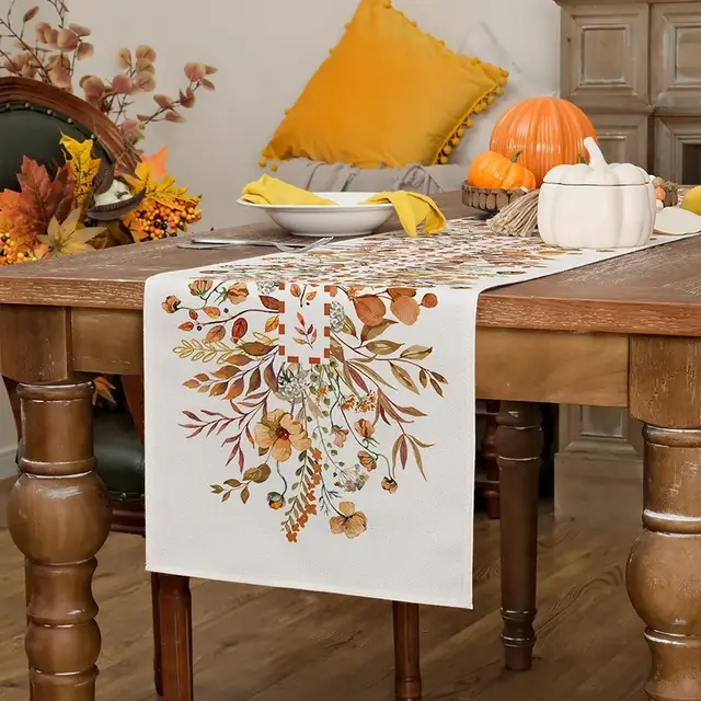Runner Da Tavolo In Lino Con Stampa Fiori - Decorazione Cucina E Sala Da Pranzo, Lavabile E Idrorepellente - Foto 5